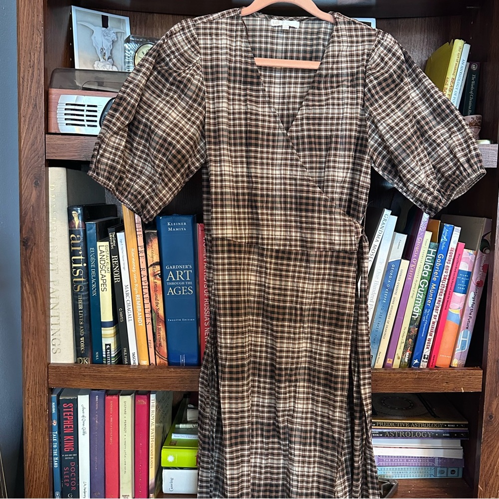Brown, Black, and White Plaid Wrap Dress